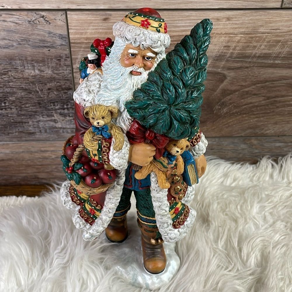 Vintage Resin Santa Holding Tree, Teddy Bear & Basket of Apples,Toy Bag on Back